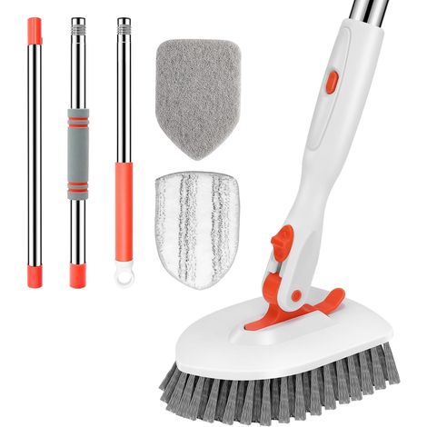 Brosse de nettoyage pour sols carrelés, 3 en 1, avec manche long réglable de 132 cm et 3 têtes de brosse de rechange détachables pour le nettoyage des murs de salle de bain, cuisine et baignoire. (1/5)