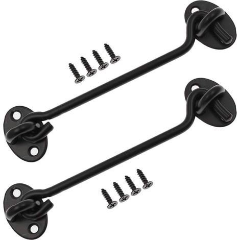 Lot de 2 crochets anti-vent avec œillet à vis - loquet de porte - verrou de fenêtre - crochet de verrouillage de porte - crochet de cabine - 15 cm - acier inoxydable - noir - pour porte extérieure et  (1/5)