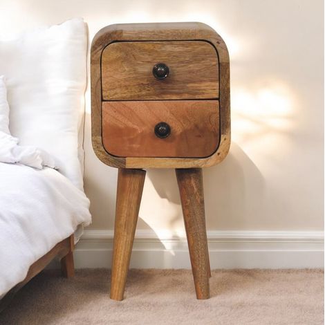 Mesita de noche escandinava de madera maciza marrón acabado roble, 2 cajones