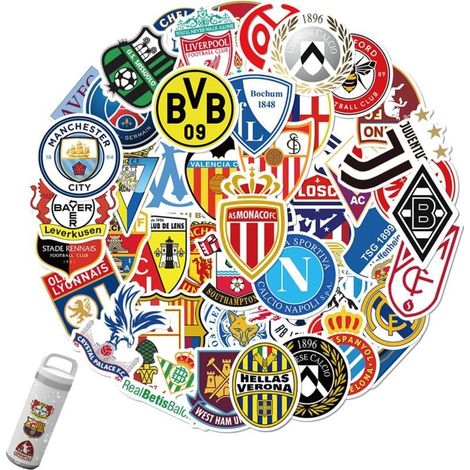 Lot de 50 autocollants de football, en vinyle imperméable, pour ordinateur portable, bagages, pour fans de football, adultes et adolescents. (1/4)
