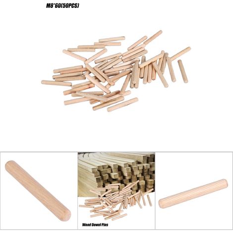 50 Stück genutete Holzdübel für Schubladen und Möbel, 8 mm x 60 mm Stäbe, Montagezubehör (1/5)