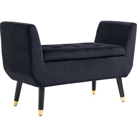 Banc de rangement avec accoudoirs, banquette capitonnée aspect velours, coffre de rangement avec pieds en bois, banc coffre pour salon, chambre, entrée, 107 x 42 x 65 cm, noir
