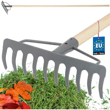 KOTARBAU® Rateau à Feuille - Métal - 26 cm - Râteau Jardin - 10 Dents - avec Manche en Bois - Outil Robuste Pour Entretien Gazon Jardinage - Gris & Naturel (1/5)