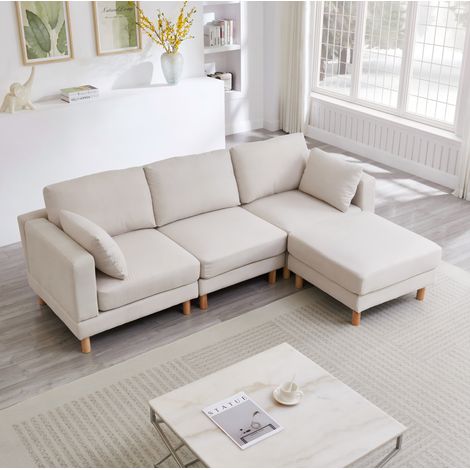Canapé d’angle 235x152x78 cm beige en polyester avec ottoman modulable et pieds en bois (1/5)