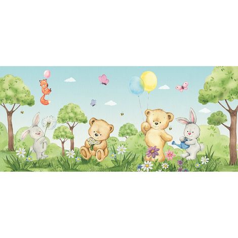 Poster géant horizontal animaux de la foret en couleur - ourson, lapin, renard 170 x 75 CM (1/5)