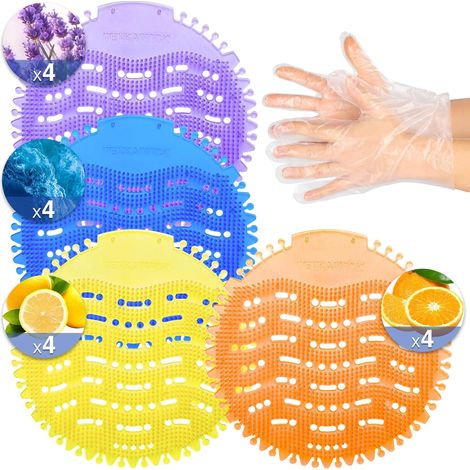 16 PACK écran de déodorisateur urinaire avec 100 gants-3D vague anti-éclaboussurement odour protection gâteaux urinaires pour les toilettes pour hommes, quatre odeurs tapis urinaires
