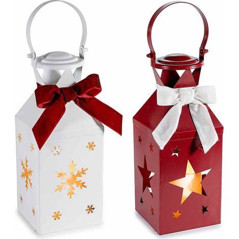 Lanterne natalizie in metallo con intagli a stella e fiocco di neve,fiocco in velluto e luci LED, set da 2 pezzi, cm10x10x25H (con gancio32,5)