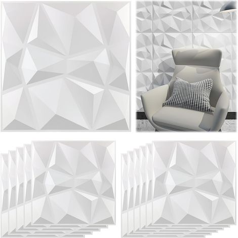 12 dekorative 3D-Wandpaneele, mattweiß, 30 x 30 cm, 3D-Diamantdesign für die Inneneinrichtung von Homeoffice oder Studio