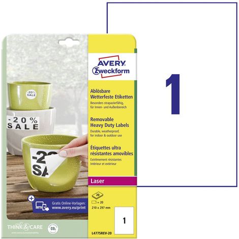 Avery-Zweckform L4775REV-20 Etichetta a pellicola 210 x 297 mm Pellicola Bianco 20 pz. Staccabile Stampante laser a col (1/5)