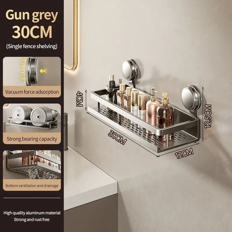 (Gris XP 30 cm) Étagère de salle de bain adhésive à ventouses, sans perçage, en aluminium, à suspendre au mur. (1/5)