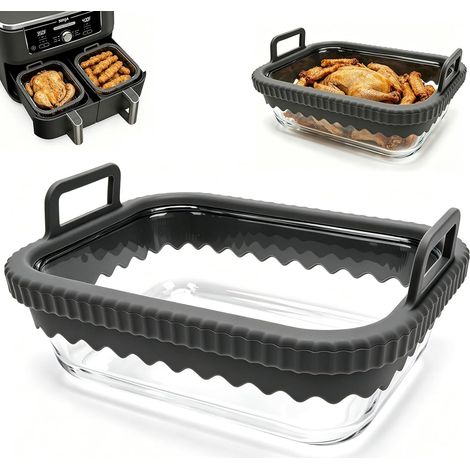 Plat à gratin Airfryer pour Ninja AF400EU/DZ400EU/AF500EU/SL400EU/COSORI 2 chambres, accessoire Airfryer en verre, récipient en verre avec poignées en silicone (Gris) (1/5)
