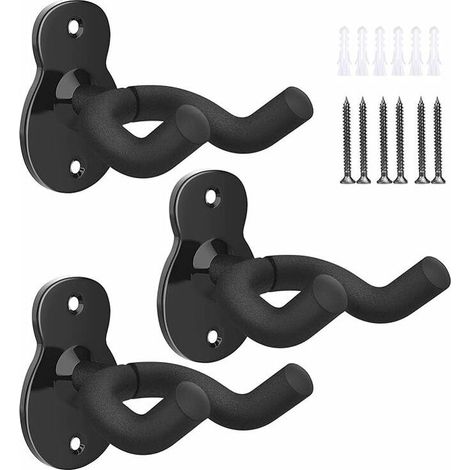 Support mural pour guitare, lot de 3 supports muraux en métal pour guitare, crochets pour guitare, supports muraux pour guitare acoustique basse, guitare électrique, ukulélé - Noir (1/5)
