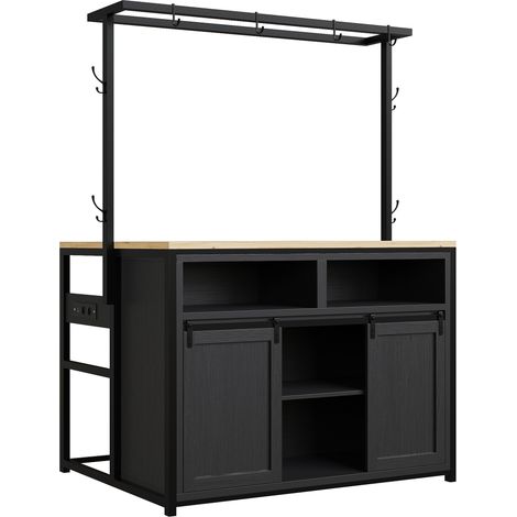 Ensemble d’îlot de cuisine avec 2 tabourets, armoire avec prises électriques, finition bois et noir pour cuisine & salle à manger (1/5)
