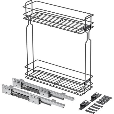 Panier Coulissant pour Meuble Bas 2 Niveaux pour Caisson 200 mm, Charge 15 kg, Rangement de Cuisine avec Glissières Incluses, Acier Finition Anthracite