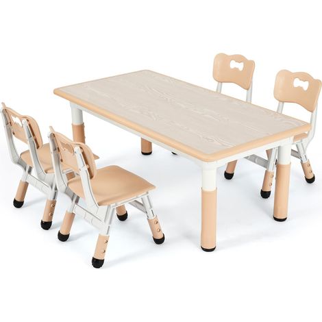 Tlgreen – Table enfant réglable en hauteur 120 x 60 cm avec 4 chaises ergonomiques – Plastique HDPE – Pour activités artistiques et jeux – Jaune (1/5)