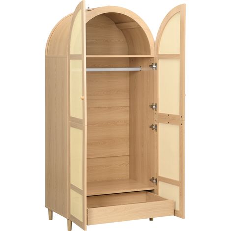 Armario moderno con puertas curvas, barra para colgar y cajones, natural (1/5)