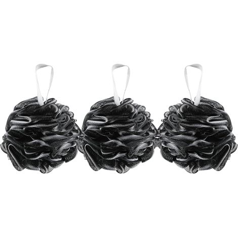 Lot de 3 Éponge de bain, Noir, 14cm, Texture abrasive, Mousse abondante, Long cordon, Douche quotidienne (1/5)