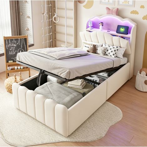 Kinderbett 90 x 200 cm mit hydraulischem Stauraum, LED, USB und USB-C, beige OKMYHOME (1/5)