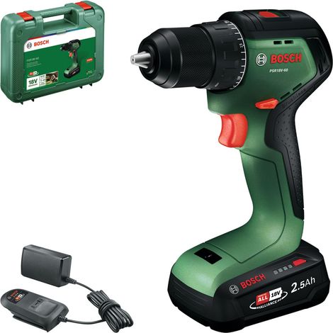 Bosch PSR18V-60 Taladro, sistema de 18 V (PBA18V de 2,5 Ah, AL18V-20, maletín de transporte)