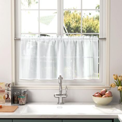 Rideau brise-bise moderne en voile - 60 x 120 cm (H x l) - Demi rideaux pour fenêtre de salon - Transparent - Blanc - Pour cuisine, caravane, chambre à coucher, salle de bain (1/5)