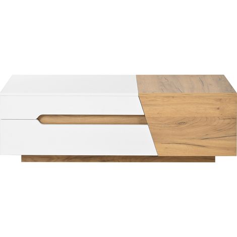 ELVMI Tavolino da salotto con 2 Cassetti e Vani scorrevoli, per Soggiorno, in MDF, 120 × 50 × 37.5 cm, Bianco e Naturale (1/5)