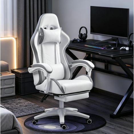 Silla gaming ergonómica blanca reclinable 135° con reposapiés y apoyo lumbar (1/5)