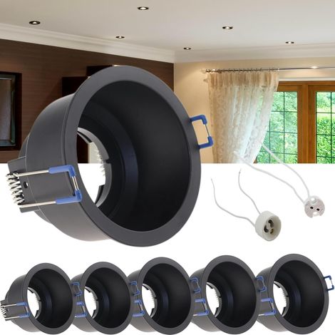 6 spots encastrés LED, kit de montage rond en aluminium avec cadre de fixation et douille céramique GU10/MR16 pour plafond, placard, cuisine, diamètre de perçage 80 mm, 220 V, non orientables (ampoule (1/5)