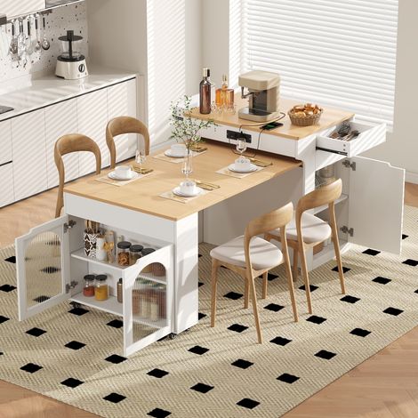 Isla de cocina con ruedas, mesa de comedor extensible con tomas de corriente y tablero de cristal estriado, aparador de dos cajones, utilizable como isla de cocina. (1/5)