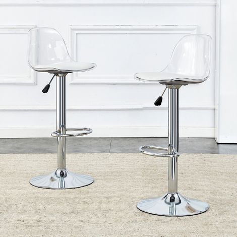 [Lot de 2] Tabourets réglables à dossier croisé : Dossier transparent + Pieds en métal argenté  Hauteur réglable de 82 à 104 cm  Rotation à 360°.