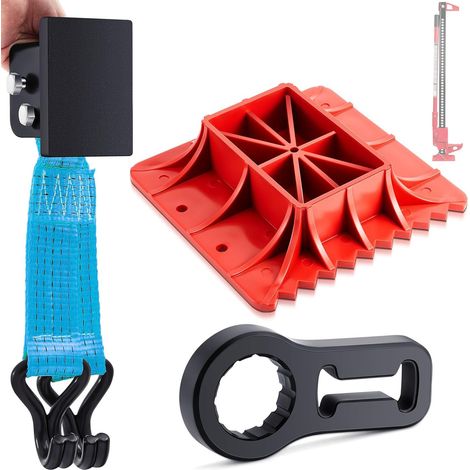Kit de accesorios para gato de trinquete high-lift: Base de apoyo + Brida de soporte + Enganche RUEDAS (1/5)