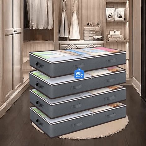 Conteneurs de rangement sous le lit de 90 L, organisateurs de placard et bacs de rangement, sacs de rangement pliables sous le lit pour couvertures, serviettes, couettes, pulls, oreillers, draps en li (1/4)