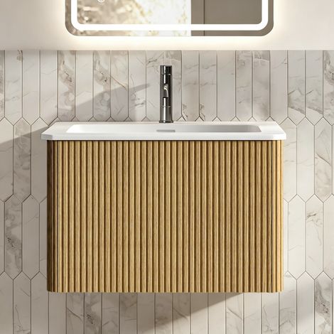 Design rainuré avec vasque en fonte minérale, meuble sous lavabo suspendu 60 cm avec rangement, petite salle de bain (1/5)