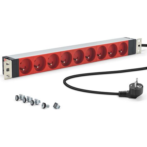 Bloc Multiprise 19" 9 Prises Rouges Type E Françaises – Boîtier Aluminium Solide, Fixations Orientables, Câble 1,80 m, Protection Enfants – Rackable Baies Réseau (1/5)