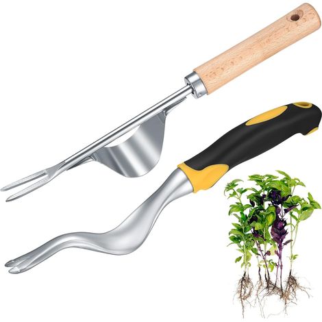2 PCS Découseur de Mauvaises Herbes à la Main, Découseur en Acier Inoxydable avec Manche en Bois, Outil de Jardin de désherbage Manuel, Désherbeur pour Creuser, désherber, ameublir (1/5)
