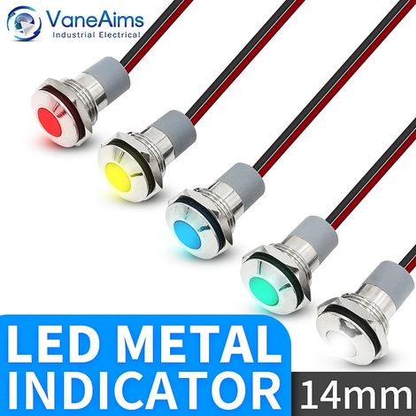 (JAUNE 220 V CA CC) Voyant LED étanche en métal 14 mm, lampe de signalisation d'alimentation, rouge, vert, jaune, blanc, bleu (1/5)