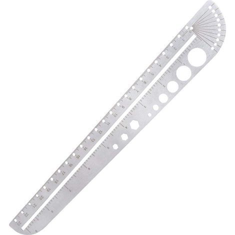 Multifunktionales Lineal aus Edelstahl, Zeichenlineal, Metallmaßstab, Baulineal, Zirkel, Winkelmesser und Innensechskantschlüssel, Schullineal, 26 cm (1/5)