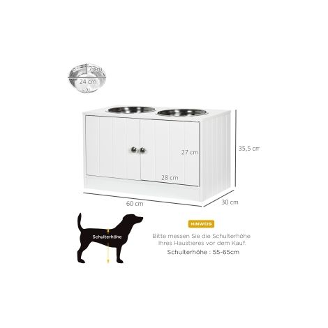 Mangeoire surélevée blanche pour chien avec 2 bols inox, 44 L de rangement et portes magnétiques pour cuisine et intérieur (1/5)