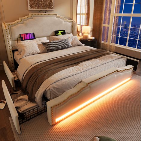Cama doble 160x200 cm de terciopelo beige con 4 cajones, LED y colchón – MEUBLIV (1/5)
