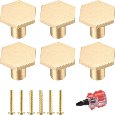 Juego de 6 pomos hexagonales de latón para muebles, 22 mm x 18 mm, acabado dorado. Incluye destornillador para una fácil instalación. (1/5)