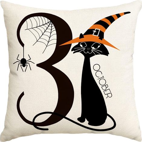 Lot de 2 housses de coussin décoratives d'Halloween, motif chat noir et chiffre 3, taies d'oreiller en lin avec chapeau de sorcière et toile d'araignée, décoration gothique pour la maison (1/5)