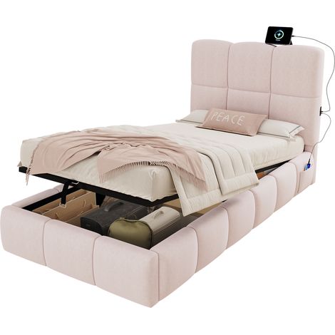 Lit enfant 90 x 200 cm en velours rose, coffre de rangement hydraulique, tête de lit capitonnée, sommier inclus et port USB-C pour chambre de princesse - CHICFURN (1/5)