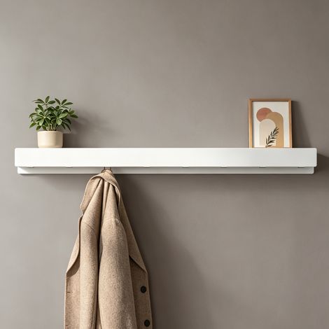 doporro Porte Manteau Mural, 8 Crochets Cachés, Patère Murale avec Étagère de Rangement, Porte-Manteau Porte Clé Blanc Sablé, pour Entrée Salle de Bain Cuisine, Stalo-11