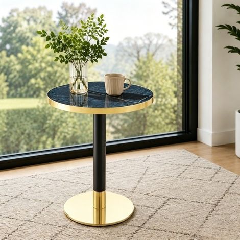 Tavolino rotondo 60x60x73.7 cm blu in MDF e metallo con effetto marmo e bordo dorato (1/5)