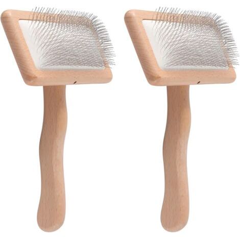 Lot de 2 brosses à carder, poignée bambou, aiguilles acier, pour laine et animaux (1/5)