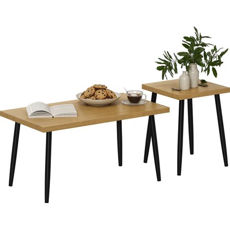 2-teiliges Couchtisch-Set, großer und kleiner Tisch mit Metallgestell und Holzplatte, flexible Couchtische, Naturholz