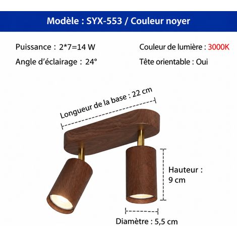 Spot de plafond orientable double tête 14 W faisceau concentré 3000K noyer 14 3000k réf 1428 2,5 kg – Livraison gratuite