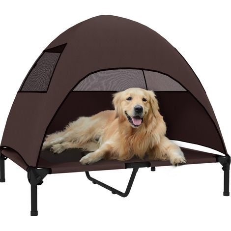 Lettino da esterno per cani con tetto, rialzato, 91 x 76 x 90 cm, marrone cioccolato DESVIAE (1/5)