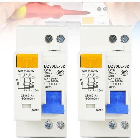 Lot de 2 disjoncteurs Fi, AC 230 V 30 mA C16 1P+N Montage sur rail DIN Protection contre les surcharges Disjoncteur différentiel avec protection contre les surintensités Interrupteur FI/LS Disjoncteur (1/5)