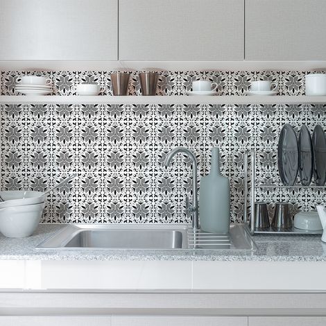 Sticker Mural Carrelage adhésif Cuisine Salle de Bain - 24 STICKERS CARREAUX DE CIMENT AZULEJOS ARINA - 24stickers10x10cm (1/5)