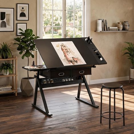 Bureau dessin réglable avec 2 tiroirs et tabouret en mDF métal (1/5)